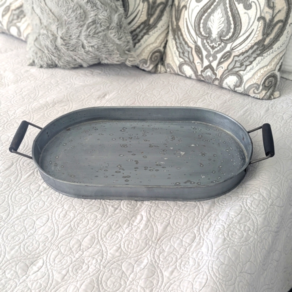 Vintage Galvanized Metal Serving Tray With Wooden Handles